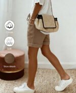 Women's Summer Vintage Modest Linen Casual Drawstring Rolled Hem Shorts,Elastic Waist Textured Fabric Khaki Loose Trousers For Vacation - Image 4