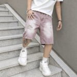 Men Vintage Baggy Distressed Denim Shorts Gradient Wash Ripped Straight High Street Trendy Casual Cargo Summer Jeans Short