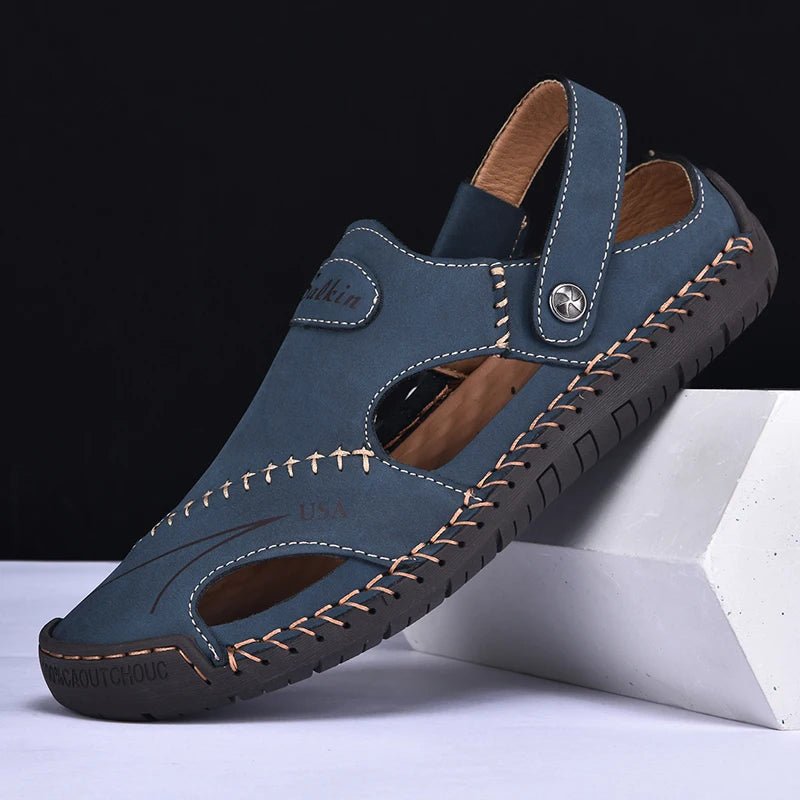 Sf7eb2b7ee3e845ce857c5d10007c0093l.jpg New Handmade Summer Sandals Men Breathable Leather Shoes Man Outdoor Men Sandals Antiskid Beach Sandals Hollow Shoes Fashion - Image 1