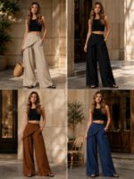 Women Wrap Front Linen Wide Leg Pants, High Waist Elastic Back Waist Culottes with Pockets, Casual Loose Fit Trousers for Summer Beach Daily Streetwear - Image 5