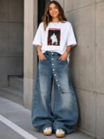 Women's Asymmetric Button Front Baggy Jeans, High Waist Vintage Washed Wide Leg Denim Pants Y2K Streetwear Loose Barrel Jeans for Daily Wear - Image 4