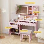 Makeup Vanity Desk With 3 Color Touch Screen Lighted Sliding Mirror, Scalloped Large Vanity Table Set with Storage amp Drawers - Image 4