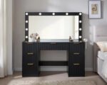 47.2" Fluted Vanity Desk with Large Mirror and Lights, Black / 7 Drawers Large Black Makeup Vanity Table with Glass Top - Image 3