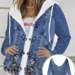 Plus size women's butterfly embroidery print hooded faux denim jacket; horn button patchwork sweatshirt with faux denim sleeves jacket