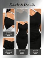 Women Sparkly Strap One Shoulder Midi Bodycon Dress Sleeveless Ruched Evening Party Dress Black Club Night Out Dresses - Image 6