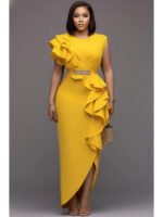 Women's Round Neck Ruffle Decor Split Maxi Bodycon Dress For Wedding Guest Banquet Evening Party Formal Fashion Occasions - Image 3