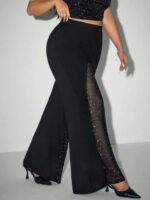 Plus Size Women Mesh Rhinestone Flare Pants High Waist See Through Sparkly Bell Bottom Trousers Night Club Party Black Pants - Image 2