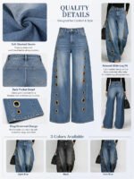 Women High Waist Wide Leg Jeans, Side Cutout Eyelet Rivet Denim Pants Loose Fit Hollow Out Flared Trousers Streetwear Fashion Baggy Jeans with Pockets - Image 6