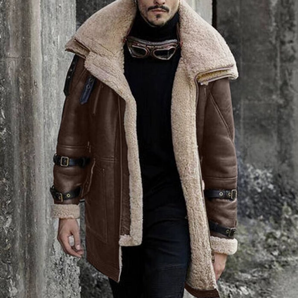 f2c6fa6deb2191d3e0d7c46faab3e907.jpg New Fashion Winter Warm Thick Fleece Bomber Jackets Business Clothing Porcket Lapel Long Sleeve Padded Leather Coats for Men - Image 1