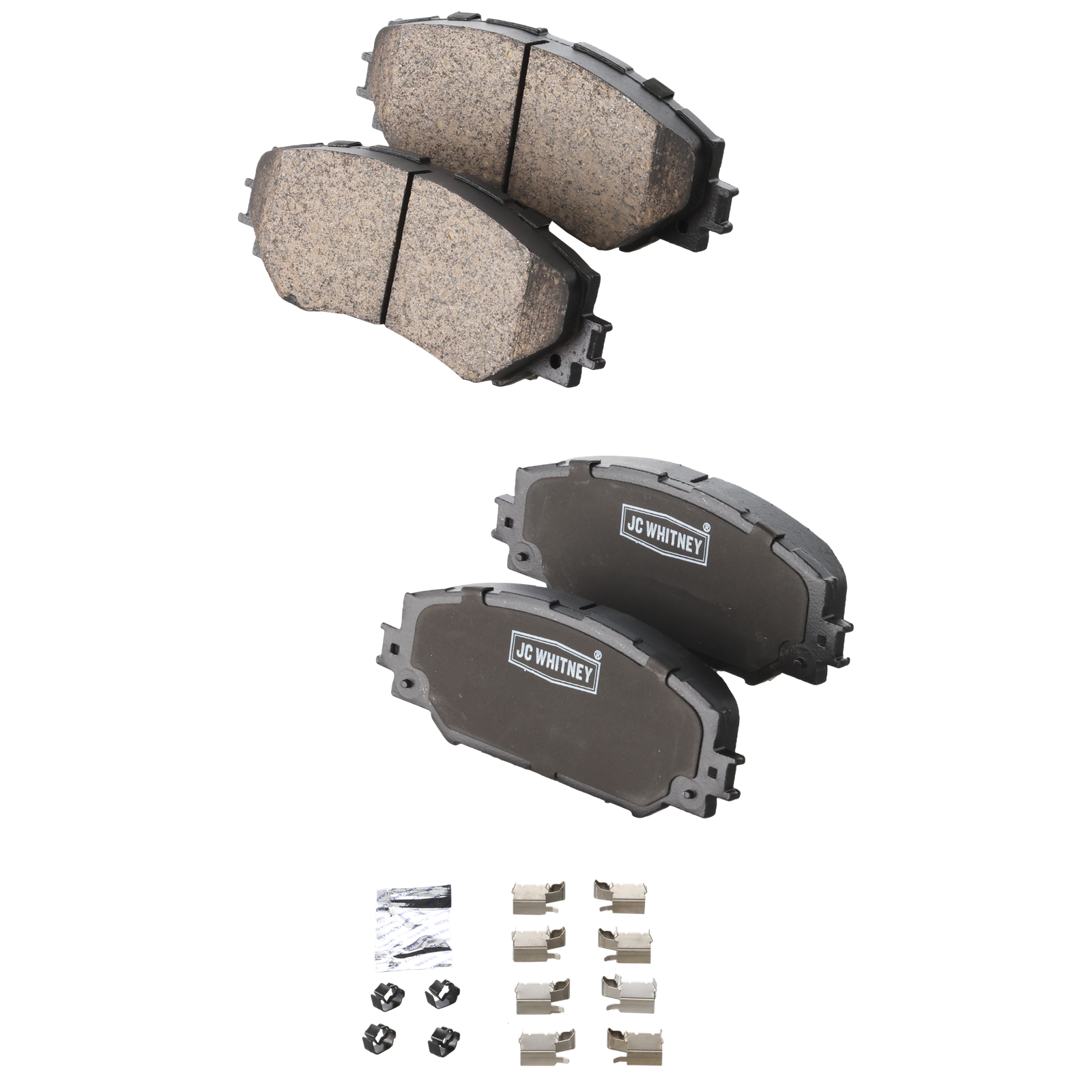 jstpsscp1210_1.png JC Whitney® Front Brake Pad Set, Ceramic, Hardware Includes (4) Pieces Anti Rattle Spring, (8) Pieces Pad Locating Clip - Image 1