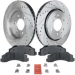 JC Whitney® 2-Wheel Set Front Brake Disc and Pad Kit, Cross-drilled and Slotted 6 Lugs 350.01 mm Ceramic Pro-Line Series, Includes (1) Brake Pad Set and (2) Brake Disc
