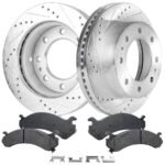 JC Whitney® 2-Wheel Set Front Brake Disc and Pad Kit, Cross-drilled and Slotted 8 Lugs 325 mm Ceramic Pro-Line Series, Includes (2) Disc and (1) Pad Set