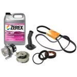 Genuine VW Audi® 9-Piece Kit Water Pump, 2.0L 4Cyl, Includes (1) Serpentine Belt, (1) Timing Belt, (1) Camshaft Seal, (1) Crankshaft Seal, (1) Thermostat Housing, (1) Tensioner Roller, (1) Thermostat and (1) Coolant