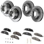 JC Whitney® 4-Wheel Set Front and Rear Brake Disc and Pad Kit, Cross-drilled and Slotted 8 Lugs Front-360 mm/Rear-358 mm Semi-metallic Pro-Line Series, Includes (4)Brake Disc and (2)Brake Pad Set