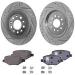 JC Whitney® 2-Wheel Set Rear Brake Disc and Pad Kit, Cross-drilled and Slotted 329.95 mm Pro-Line Series, Includes (2) Disc and (1) Pad Set