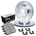 R1 Concepts® Front Brake Disc and Pad Kit, Silver zinc-plated, Cross-drilled and Slotted, 356 mm, Ceramic, R1 eLINE Silver Rotors with European Ceramic Pads Series