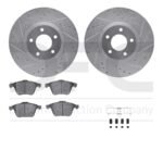 R1 Concepts® Front Brake Disc and Pad Kit, Silver zinc-plated, Cross-drilled and Slotted, 320 mm, Ceramic, R1 eLINE Silver Rotors with European Ceramic Pads Series