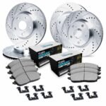 R1 Concepts® Front and Rear Brake Disc and Pad Kit, Silver zinc-plated, Cross-drilled and Slotted, Front - 356 mm, Rear - 330 mm, Ceramic, R1 eLINE Silver Rotors with European Ceramic Pads Series