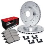 R1 Concepts® Front Brake Disc and Pad Kit, Silver zinc-plated, Cross-drilled and Slotted, 267 mm, OE Comparable Pad Material, R1 eLINE Silver Rotors wtih Optimum OEp Pads Series - Image 2