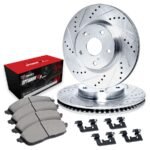 R1 Concepts® Front Brake Disc and Pad Kit, Silver zinc-plated, Cross-drilled and Slotted, 295 mm, OE Comparable Pad Material, R1 eLINE Silver Rotors wtih Optimum OEp Pads Series