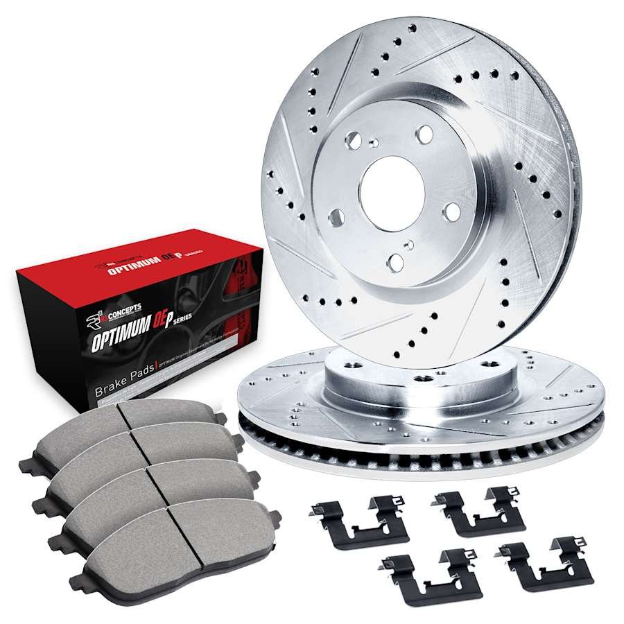 r1wguh167064_1.jpg R1 Concepts® Front Brake Disc and Pad Kit, Silver zinc-plated, Cross-drilled and Slotted, 295 mm, OE Comparable Pad Material, R1 eLINE Silver Rotors wtih Optimum OEp Pads Series - Image 1