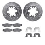 R1 Concepts® Front Brake Disc and Pad Kit, Silver zinc-plated, Cross-drilled and Slotted, 257 mm, OE Comparable Pad Material, RWD, R1 eLINE Silver Rotors wtih Optimum OEp Pads Series