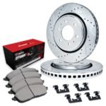 R1 Concepts® Front Brake Disc and Pad Kit, Silver zinc-plated, Cross-drilled and Slotted, 257 mm, OE Comparable Pad Material, RWD, R1 eLINE Silver Rotors wtih Optimum OEp Pads Series - Image 2