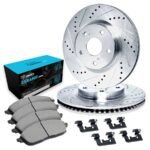 R1 Concepts® Front Brake Disc and Pad Kit, Silver zinc-plated, Cross-drilled and Slotted, 320 mm, Ceramic, R1 eLINE Silver Rotors with Ceramic Pads Series