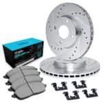 R1 Concepts® Front Brake Disc and Pad Kit, Silver zinc-plated, Cross-drilled and Slotted, 267 mm, Ceramic, R1 eLINE Silver Rotors with Ceramic Pads Series