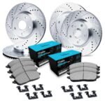 R1 Concepts® Front and Rear Brake Disc and Pad Kit, Silver zinc-plated, Cross-drilled and Slotted, Front - 348 mm, Rear - 345 mm, Ceramic, R1 eLINE Silver Rotors with Ceramic Pads Series