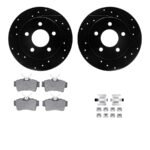R1 Concepts® Rear Brake Disc and Pad Kit, Black, Cross-drilled and Slotted, 279 mm, OE Comparable Pad Material, R1 eLINE Black Rotors with Optimum OEp Pads Series