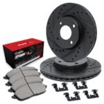 R1 Concepts® Front Brake Disc and Pad Kit, Black, Cross-drilled and Slotted, 274 mm, OE Comparable Pad Material, R1 eLINE Black Rotors with Optimum OEp Pads Series