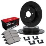 R1 Concepts® Rear Brake Disc and Pad Kit, Black, Cross-drilled and Slotted, 279 mm, OE Comparable Pad Material, R1 eLINE Black Rotors with Optimum OEp Pads Series