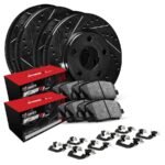 R1 Concepts® Front and Rear Brake Disc and Pad Kit, Black, Cross-drilled and Slotted, 267 mm, OE Comparable Pad Material, R1 eLINE Black Rotors with Optimum OEp Pads Series