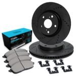 R1 Concepts® Rear Brake Disc and Pad Kit, Black, Cross-drilled and Slotted, 353 mm, Ceramic, R1 eLINE Black Rotors with Ceramic Pads Series