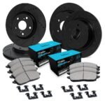 R1 Concepts® Front and Rear Brake Disc and Pad Kit, Black, Cross-drilled and Slotted, Front - 343 mm, Rear - 330 mm, Ceramic, R1 eLINE Black Rotors with Ceramic Pads Series