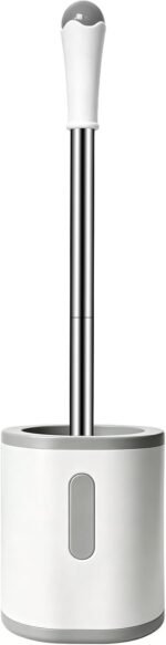 AONEZ Compact Toilet Brush & Holder, Stainless Steel Handle, Space Saving for Storage, Deep Cleaning, Drip-Proof, Easy to Assemble, Nylon Bristles, White & Grey