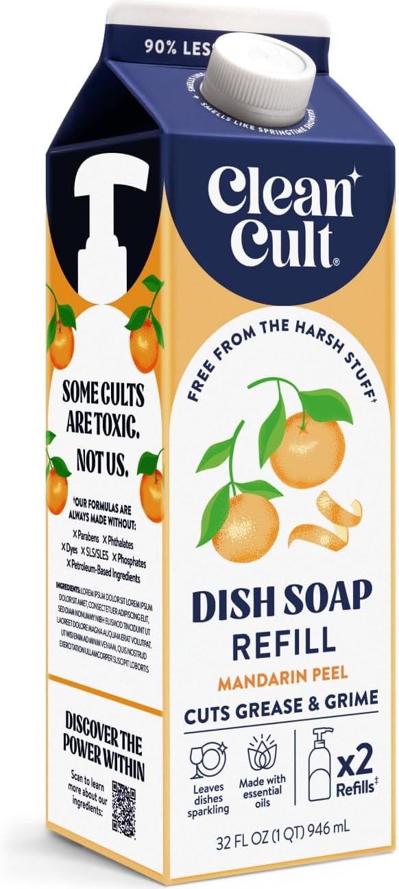 612dHPstBPL._AC_SL1296_ Cleancult Dish Soap Liquid Refill (32oz, 1 Pack) - Plant Based Cleaning Power - Dish Soap that Cuts Grease & Grime - Free of Harsh Chemicals - Uses 90% Less Plastic - Mandarin Peel - Image 1