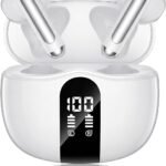 Wireless Earbuds, 2026 Bluetooth 5.4 Headphones Bass Stereo Ear Buds with Noise Cancelling Mic, LED Display in Ear Earphones 50H Playtime Ear Buds, IP7 Waterproof for Laptop Pad Phones Pure White