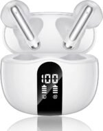 Wireless Earbuds, 2026 Bluetooth 5.4 Headphones Bass Stereo Ear Buds with Noise Cancelling Mic, LED Display in Ear Earphones 50H Playtime Ear Buds, IP7 Waterproof for Laptop Pad Phones Pure White