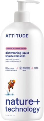 ATTITUDE Unscented Dish Soap, EWG Verified, Fragrance Free, 33.8 fl oz