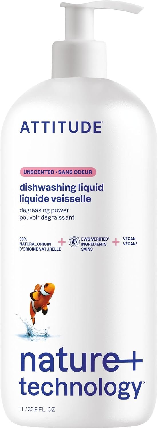 61CECVbkihL._AC_SL1500_ ATTITUDE Unscented Dish Soap, EWG Verified, Fragrance Free, 33.8 fl oz - Image 1
