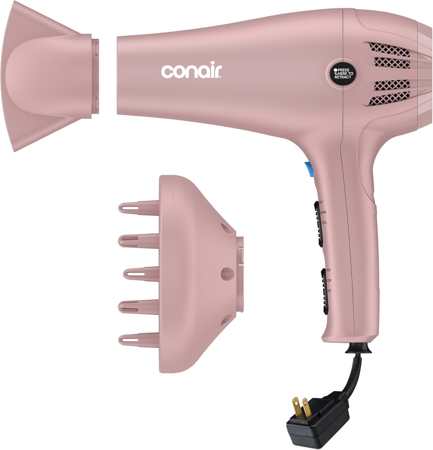 61DgyhhQtUL._AC_SL1500_ Conair Hair Dryer with Diffuser & Concentrator, 1875W, Matte Light Pink - Image 1