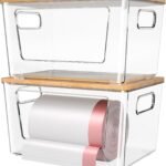 spospo 2 Pack Trash Bag Holder with Bamboo Lid Stackable Trashbag Dispenser