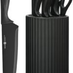 Knife Set, 8-Piece Kitchen Knife Set with Universal Block - Anti-Rust Chef Knives, Ergonomic Design, Dishwasher Safe (Black)