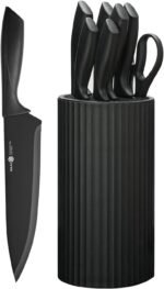 Knife Set, 8-Piece Kitchen Knife Set with Universal Block - Anti-Rust Chef Knives, Ergonomic Design, Dishwasher Safe (Black)