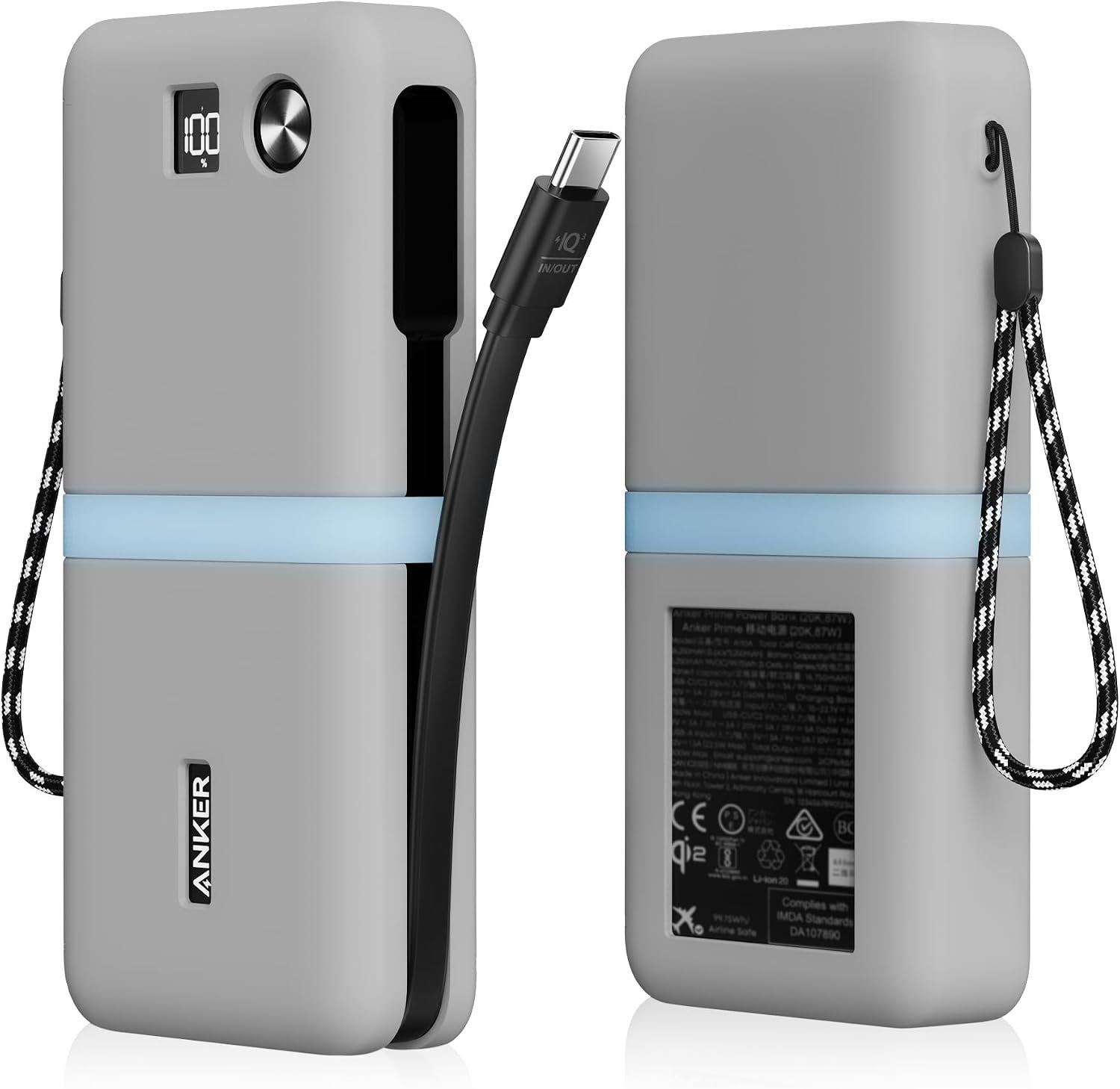 61fmSsWG3kL._AC_SL1500_ YWXTW Silicone Case for Anker Power Bank (20,000mAh/87W) - Shockproof Drop-Resistant, Travel Protective Cover with Lanyard | LCD Display Visible | Impact Protection for Anker Power Bank A1383 (Grey) - Image 1