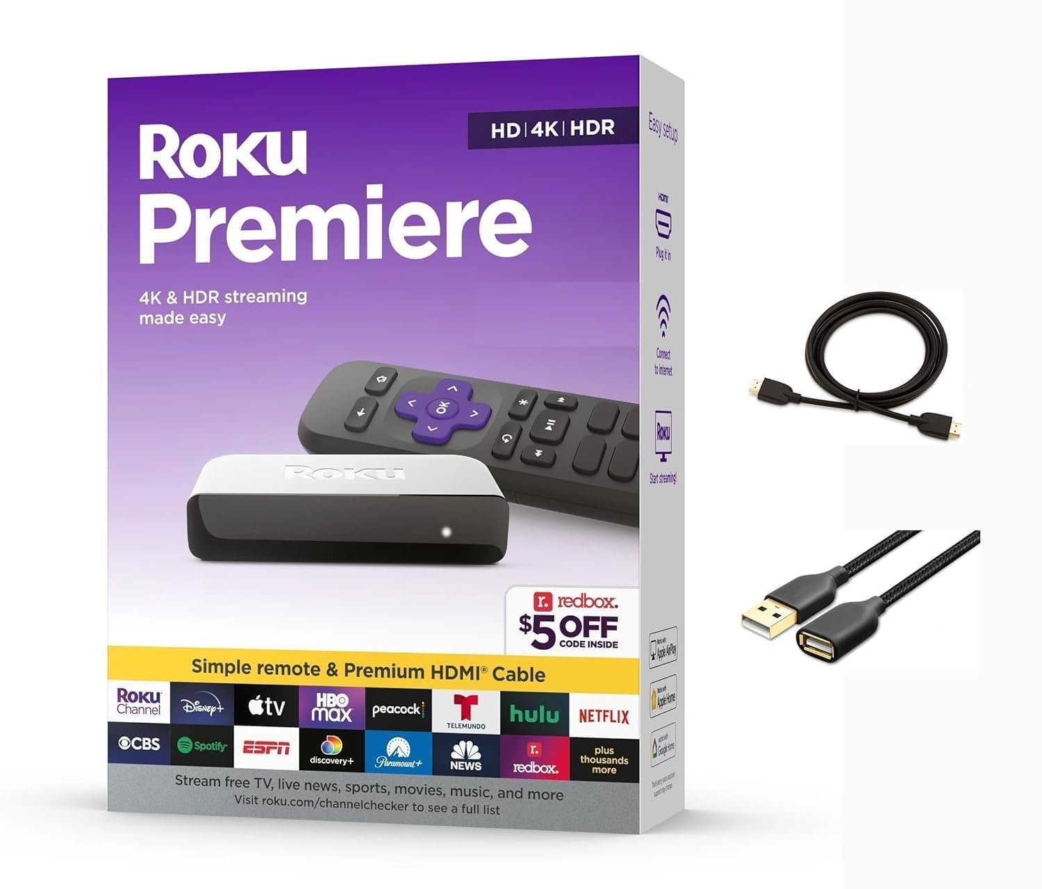 61jvs-Hd7UL._AC_SL1500_ Roku 3920RW-SW Premiere - 4K/HDR Streaming Media Player, Enabled with Premium High Speed HDMI Cable & Simple Remote, Wi-Fi, with HDMI Cable and USB Extension Cord - Image 1