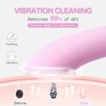 PRITECH Facial Cleansing Brush, Rechargeable Silicone Face Scrubber with Heat Massage End, Vibrating Exfoliator Scrubber for Deep Cleaning, Waterproof Face Brush for Women and Men (Pink) - Image 2