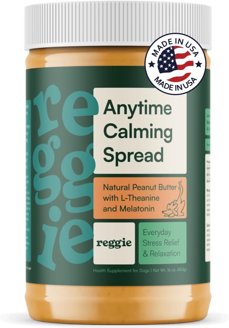 61mW8yYD4lL._AC_SL1080_ Reggie Calming Peanut Butter for Dogs, 100% Natural Dog Peanut Butter with Melatonin & L-Theanine, Lick Mat Spread for Short-Term Dog Anxiety Relief, Made in USA 16oz - Image 1